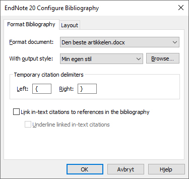 Bildet viser første del av dialogboksen Configure Bibliography