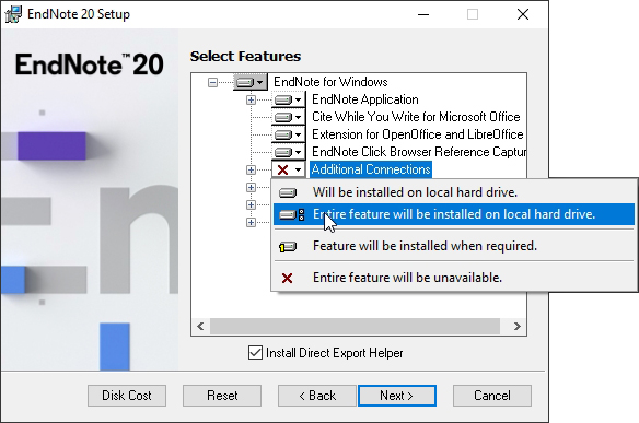 Bildet viser valgene for å installere tilleggfiler til programmet lokalt på maskinen.