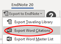 Bildet viser menyvalget "Export Word Citations"