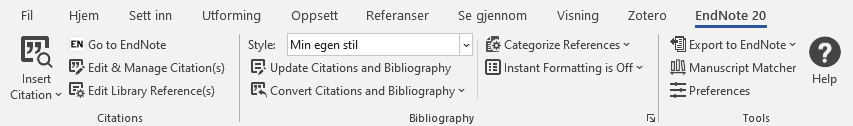 Bildet viser EndNote-menyen i Word