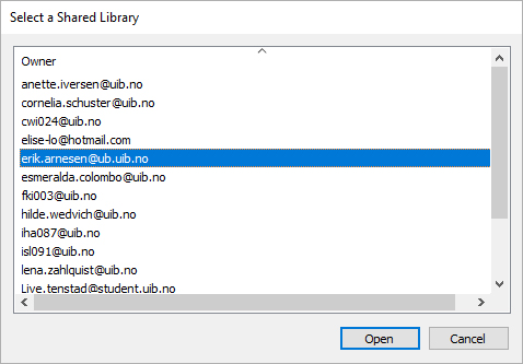 Bildet viser dialogboksen for å velge delt bibliotek