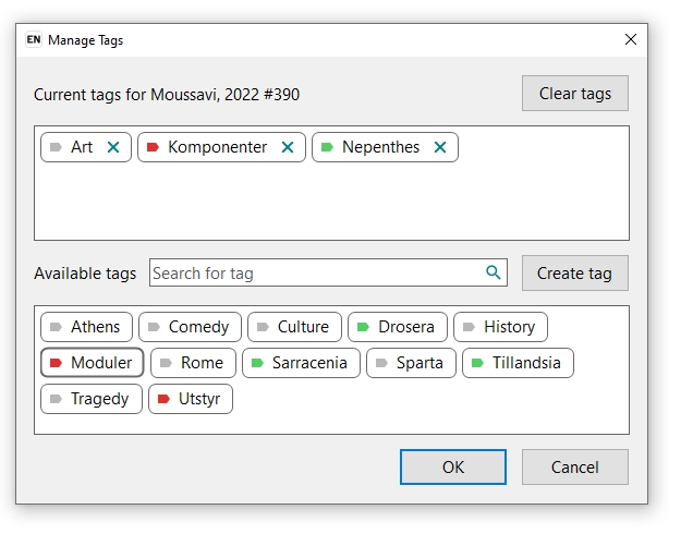 Bildet viser valgene for Manage tags