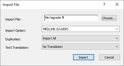 Bildet viser dialogboksen for import av referanser fra Medline til EndNote