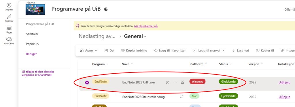 Bildet viser installasjonsfilen på SharePoint